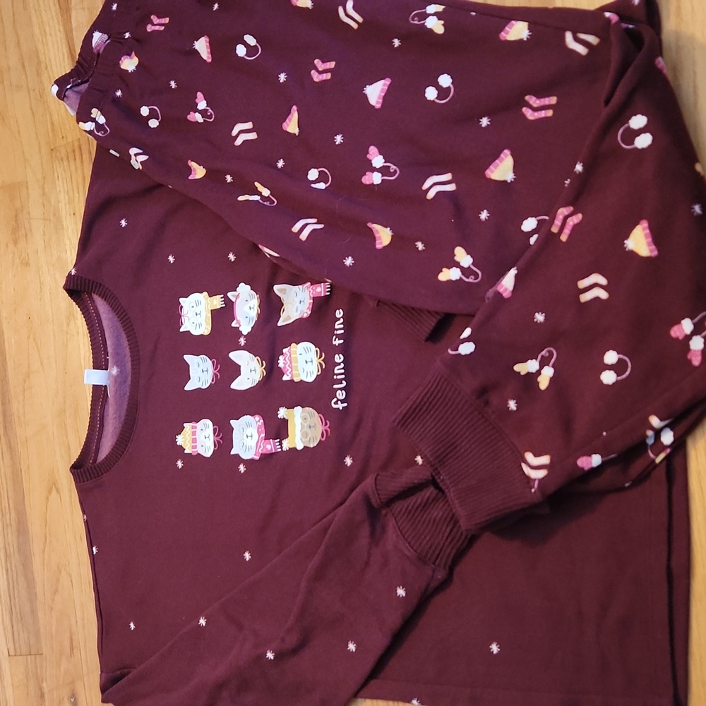 LC Lauren Conrad Burgundy Feline Fine Pajama Set PJs Sz L - Picture 2 of 5